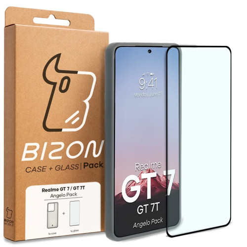 Etui + szkło hartowane Bizon Angelo Pack do Realme GT 7 / 7T, przydymione z szarą ramką
