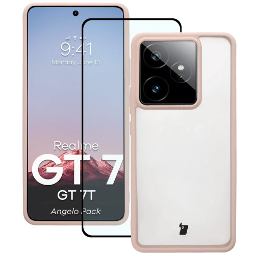 Etui + szkło hartowane Bizon Angelo Pack do Realme GT 7 / 7T, przydymione z różową ramką