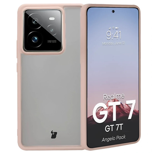 Etui + szkło hartowane Bizon Angelo Pack do Realme GT 7 / 7T, przydymione z różową ramką