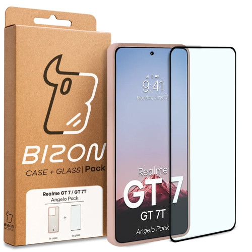 Etui + szkło hartowane Bizon Angelo Pack do Realme GT 7 / 7T, przydymione z różową ramką