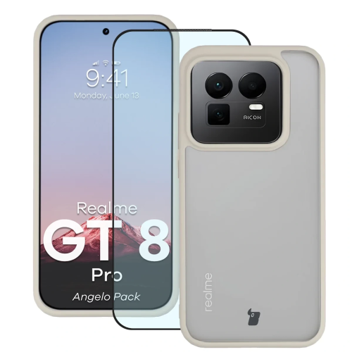 Etui + szkło hartowane Bizon Angelo Pack do Realme GT 8 Pro, przydymione z beżową ramką