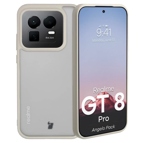 Etui + szkło hartowane Bizon Angelo Pack do Realme GT 8 Pro, przydymione z beżową ramką
