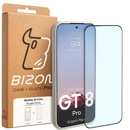 Etui + szkło hartowane Bizon Angelo Pack do Realme GT 8 Pro, przydymione z beżową ramką