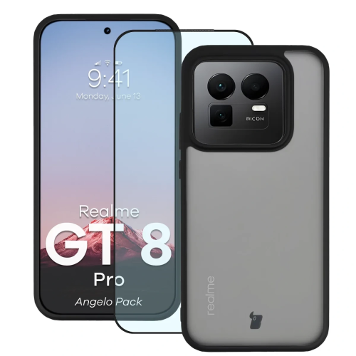 Etui + szkło hartowane Bizon Angelo Pack do Realme GT 8 Pro, przydymione z czarną ramką