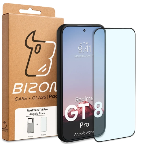 Etui + szkło hartowane Bizon Angelo Pack do Realme GT 8 Pro, przydymione z czarną ramką