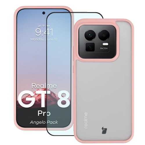 Etui + szkło hartowane Bizon Angelo Pack do Realme GT 8 Pro, przydymione z jasnoróżową ramką