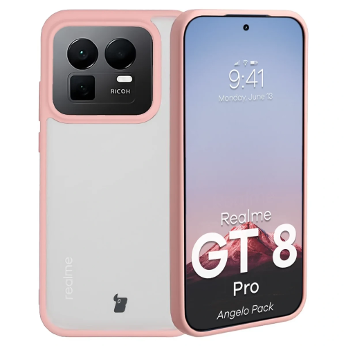 Etui + szkło hartowane Bizon Angelo Pack do Realme GT 8 Pro, przydymione z jasnoróżową ramką