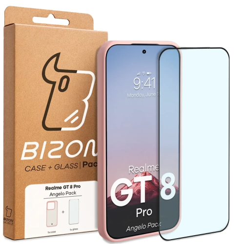 Etui + szkło hartowane Bizon Angelo Pack do Realme GT 8 Pro, przydymione z jasnoróżową ramką