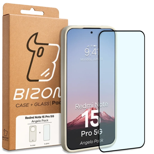 Etui + szkło hartowane Bizon Angelo Pack do Xiaomi Redmi Note 15 Pro 5G, przydymione z beżową ramką