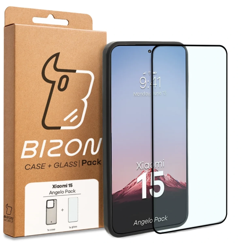 Etui + szkło hartowane Bizon Angelo Pack do Xiaomi 15, przydymione z czarną ramką