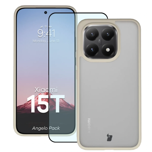 Etui + szkło hartowane Bizon Angelo Pack do Xiaomi 15T, przydymione z beżową ramką