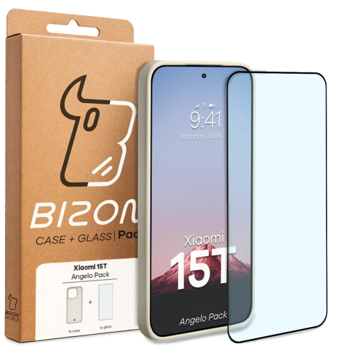 Etui + szkło hartowane Bizon Angelo Pack do Xiaomi 15T, przydymione z beżową ramką