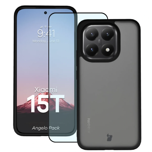 Etui + szkło hartowane Bizon Angelo Pack do Xiaomi 15T, przydymione z czarną ramką