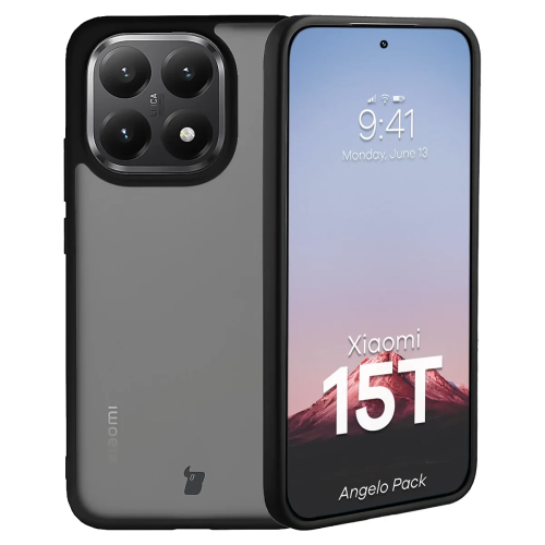 Etui + szkło hartowane Bizon Angelo Pack do Xiaomi 15T, przydymione z czarną ramką