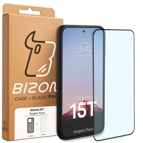 Etui + szkło hartowane Bizon Angelo Pack do Xiaomi 15T, przydymione z czarną ramką