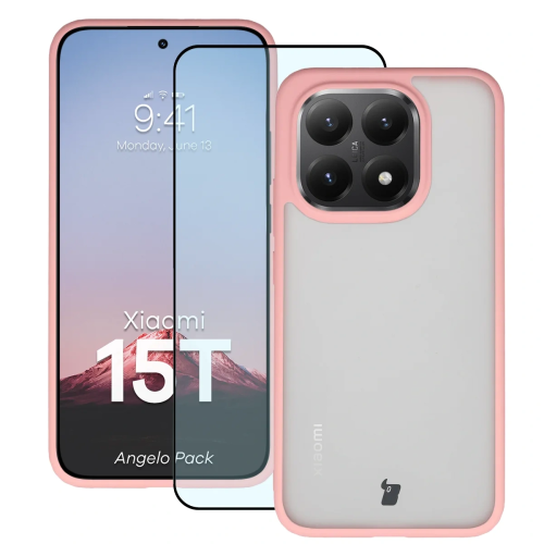 Etui + szkło hartowane Bizon Angelo Pack do Xiaomi 15T, przydymione z jasnoróżową ramką