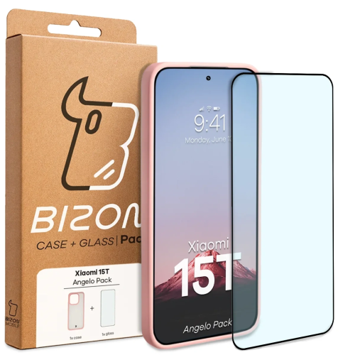 Etui + szkło hartowane Bizon Angelo Pack do Xiaomi 15T, przydymione z jasnoróżową ramką