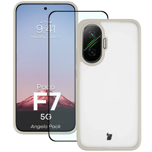 Etui + szkło hartowane Bizon Angelo Pack do Xiaomi POCO F7, przydymione z beżową ramką