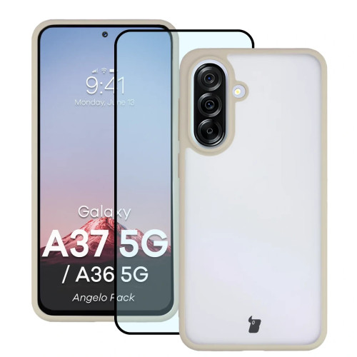 Etui + szkło hartowane Bizon Angelo Pack do Galaxy A37 5G / A36 5G, przydymione z beżową ramką