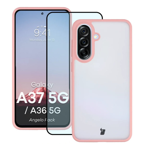 Etui + szkło hartowane Bizon Angelo Pack do Galaxy A37 5G / A36 5G, przydymione z jasnoróżową ramką