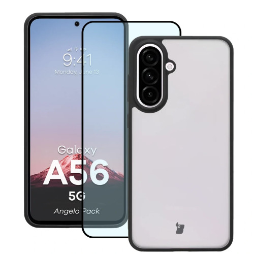 Etui + szkło hartowane Bizon Angelo Pack do Galaxy A56 5G, przydymione z czarną ramką