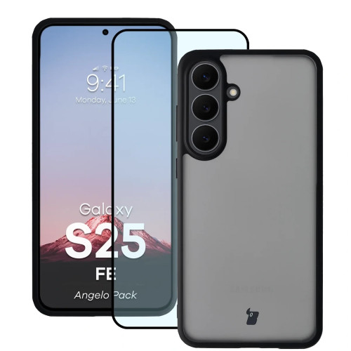Etui + szkło hartowane Bizon Angelo Pack do Galaxy S25 FE, przydymione z czarną ramką