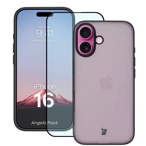 Etui + szkło hartowane Bizon Angelo Pack do iPhone 16, przydymione z czarną ramką