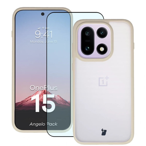 Etui + szkło hartowane Bizon Angelo Pack do OnePlus 15, przydymione z beżową ramką