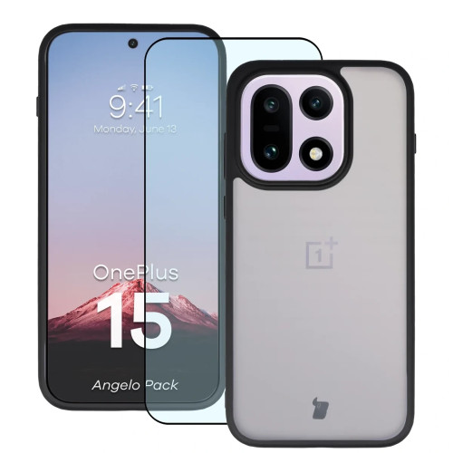 Etui + szkło hartowane Bizon Angelo Pack do OnePlus 15, przydymione z czarną ramką