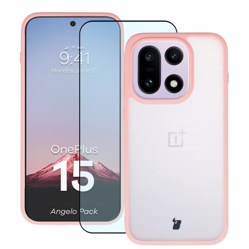 Etui + szkło hartowane Bizon Angelo Pack do OnePlus 15, przydymione z jasnoróżową ramką