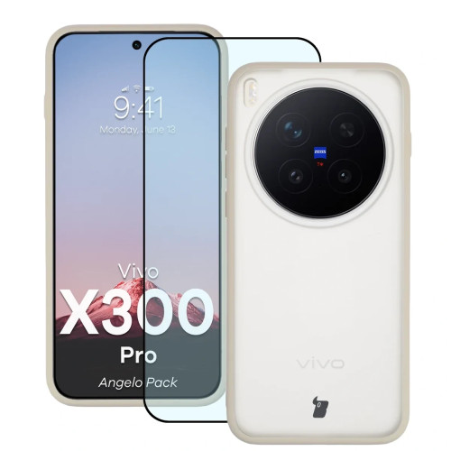 Etui + szkło hartowane Bizon Angelo Pack do Vivo X300 Pro, przydymione z beżową ramką