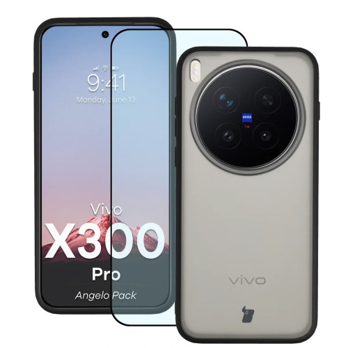 Etui + szkło hartowane Bizon Angelo Pack do Vivo X300 Pro, przydymione z czarną ramką