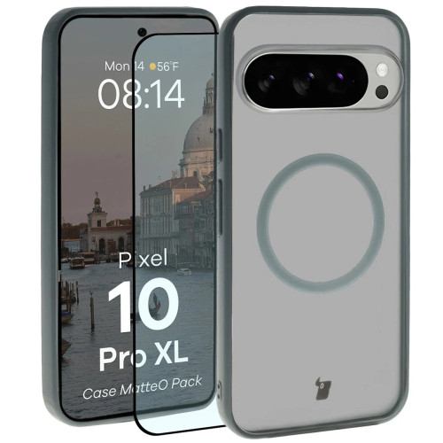 Etui z pierścieniem magnetycznym + szkło hartowane Bizon MatteO Pack do Google Pixel 10 Pro XL, przydymione-szare