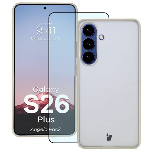 Etui + szkło hartowane Bizon Angelo Pack do Galaxy S26 Plus, przydymione z beżową ramką