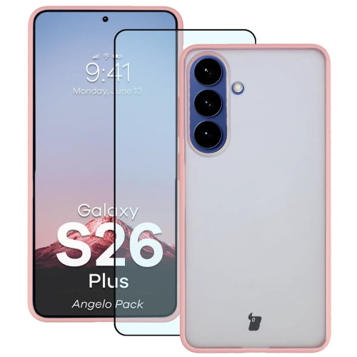 Etui + szkło hartowane Bizon Angelo Pack do Galaxy S26 Plus, przydymione z jasnoróżową ramką
