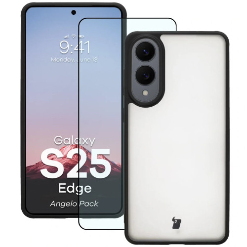 Etui + szkło hartowane Bizon Angelo Pack do Galaxy S25 Edge, przydymione z czarną ramką
