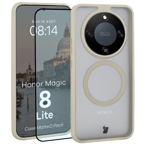Etui z pierścieniem magnetycznym + szkło hartowane Bizon MatteO Pack do Honor Magic8 Lite, przydymione-beżowe