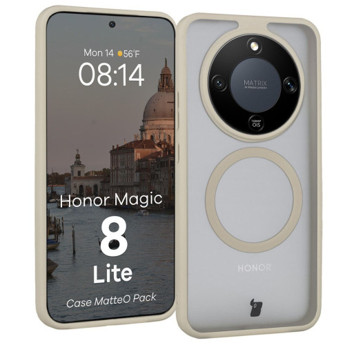 Etui z pierścieniem magnetycznym + szkło hartowane Bizon MatteO Pack do Honor Magic8 Lite, przydymione-beżowe