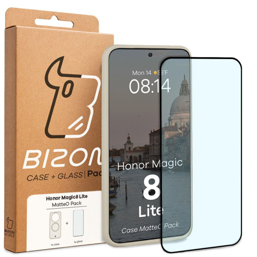 Etui z pierścieniem magnetycznym + szkło hartowane Bizon MatteO Pack do Honor Magic8 Lite, przydymione-beżowe
