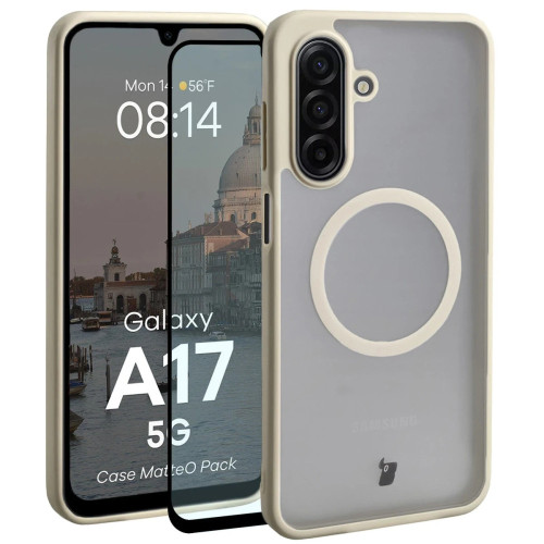 Etui z pierścieniem magnetycznym + szkło hartowane Bizon MatteO Pack do Galaxy A17 5G, przydymione-beżowe