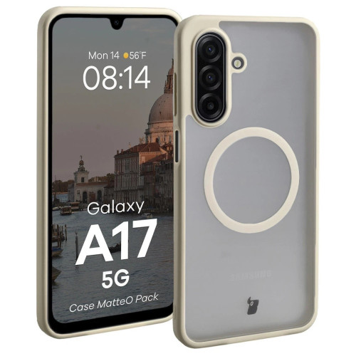 Etui z pierścieniem magnetycznym + szkło hartowane Bizon MatteO Pack do Galaxy A17 5G, przydymione-beżowe