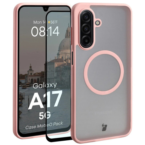 Etui z pierścieniem magnetycznym + szkło hartowane Bizon MatteO Pack do Galaxy A17 5G, przydymione-jasnoróżowe