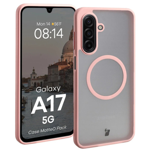 Etui z pierścieniem magnetycznym + szkło hartowane Bizon MatteO Pack do Galaxy A17 5G, przydymione-jasnoróżowe
