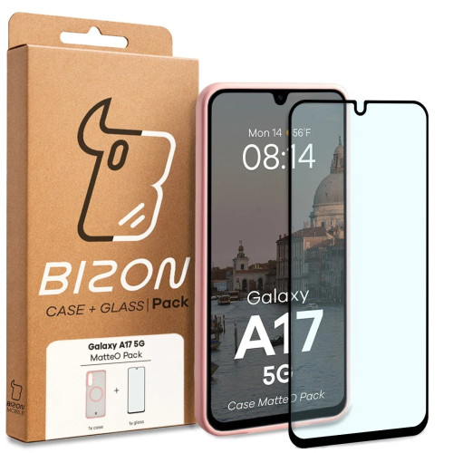 Etui z pierścieniem magnetycznym + szkło hartowane Bizon MatteO Pack do Galaxy A17 5G, przydymione-jasnoróżowe