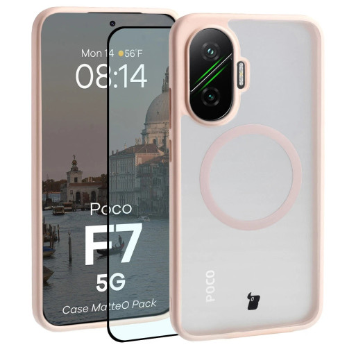 Etui z pierścieniem magnetycznym + szkło hartowane Bizon MatteO Pack do Xiaomi POCO F7, przydymione-różowe
