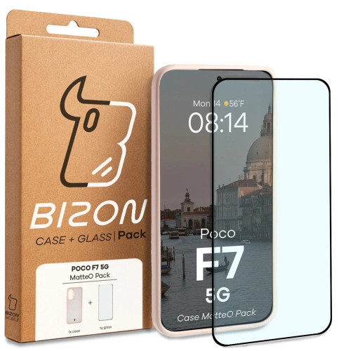Etui z pierścieniem magnetycznym + szkło hartowane Bizon MatteO Pack do Xiaomi POCO F7, przydymione-różowe