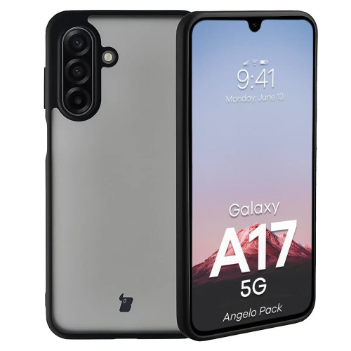 Etui + szkło hartowane Bizon Angelo Pack do Galaxy A17 5G, przydymione z czarną ramką
