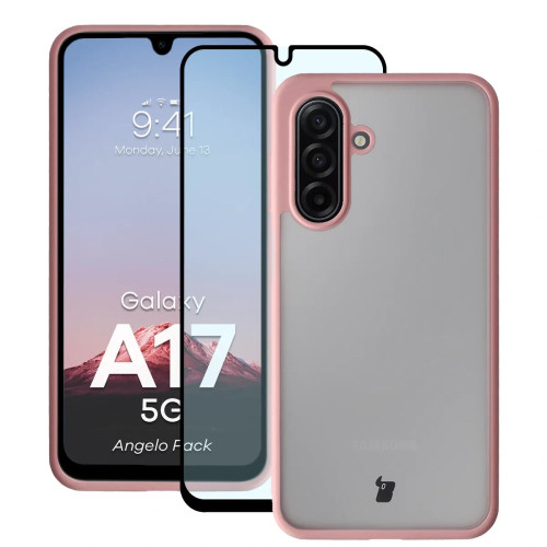 Etui + szkło hartowane Bizon Angelo Pack do Galaxy A17 5G, przydymione z jasnoróżową ramką