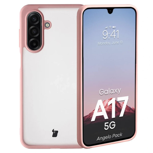 Etui + szkło hartowane Bizon Angelo Pack do Galaxy A17 5G, przydymione z jasnoróżową ramką