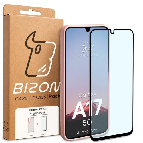 Etui + szkło hartowane Bizon Angelo Pack do Galaxy A17 5G, przydymione z jasnoróżową ramką